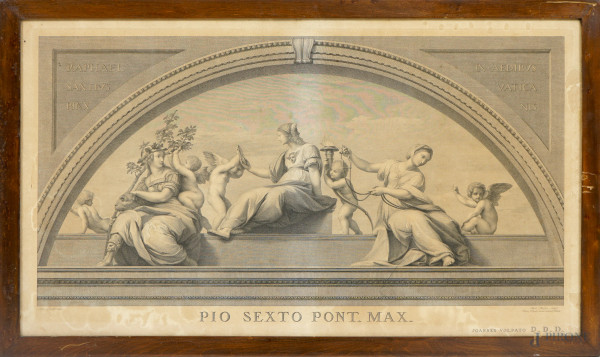 ALLEGORIA DELLE VIRTU' CARDINALI, acquaforte da Raffaello Sanzio (1483-1520), incisori: Giovanni Volpato (1735-1803) e Morghen Raffaello (1758-1833), disegnatore: Stefano Tofanelli (1752-1812), cm 45x79, entro cornice, (difetti e macchie)