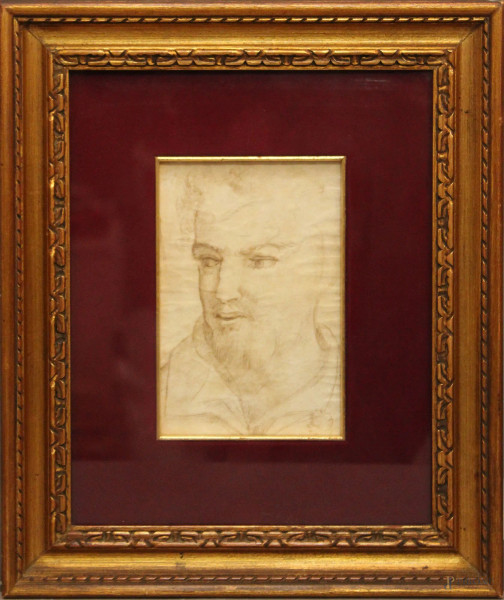 Ritratto d'uomo, disegno su pergamena, 17x11 cm, entro cornice