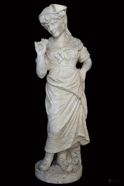 Scultore del XIX secolo, Ciociara, scultura in marmo bianco, cm h 129, (difetti)