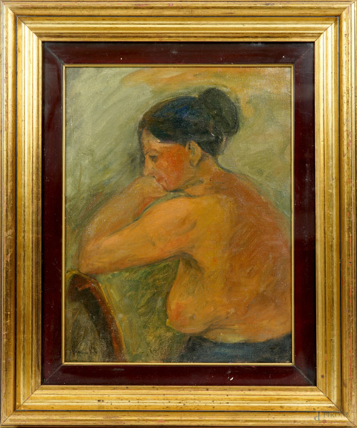 Nudo di donna, olio su cartone telato, cm 45x34,5, firmato in basso a sinistra, entro cornice.