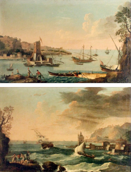 Scuola italiana del XVIII sec., Coppia di paesaggi raffiguranti costa con imbarcazioni e figure, olio su tela, cm 47x75, entro cornici.