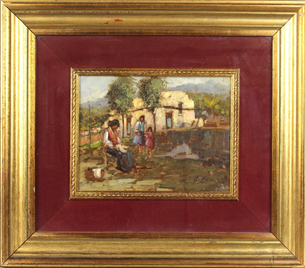 Gennaro D'Amato - Esterno con figure, olio su masonite, cm. 18x24, entro cornice.