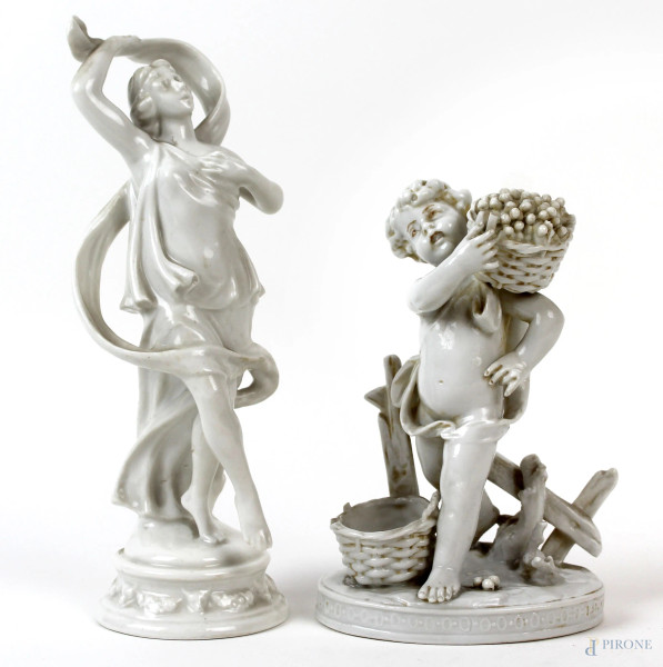 Due sculture in porcellana bianca raffiguranti putto con cesta e figura femminile, alt. max cm 31, marche sotto la base, (difetti e mancanze)