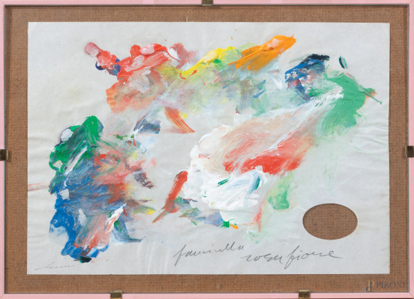 Lotto di due disegni astratti a tecnica mista su carta, XX secolo, cm 22x31, entro cornice, (segni di usura, tracce di umidità, difetti, ondulazioni della carta)