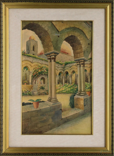 Scorcio di cortile, acquarello su carta, cm 41 x 26, firmato e datato, entro cornice.