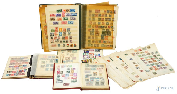 Lotto di cinque album e vari francobolli da collezione di paesi europei, misure max cm 33x26,5, (difetti).