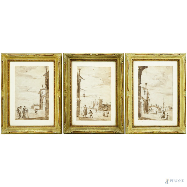 Tre disegni a china e acquerello su carta, ciascuno raffigurante un capriccio veneziano con figure, XIX-XX secolo, cm 27x16,5, entro cornice