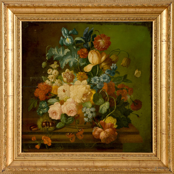 Vaso con fiori, XX secolo, olio su tavola, cm 53x4, firmato in basso a destra, entro cornice, (difetti, fessurazione del supporto)