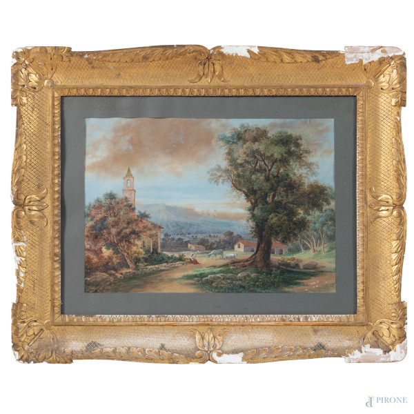 Paesaggio con contadina e armenti, XIX secolo, tecnica mista su carta, cm 42x57, firmato in basso a sinistra, entro cornice