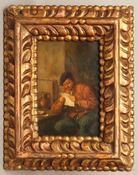 Interno con figura, olio su rame, cm 18x12, inizi XIX sec., entro cornice.