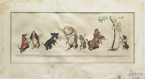 Scena satirica con cani, tecnica mista su carta 50x22 cm.