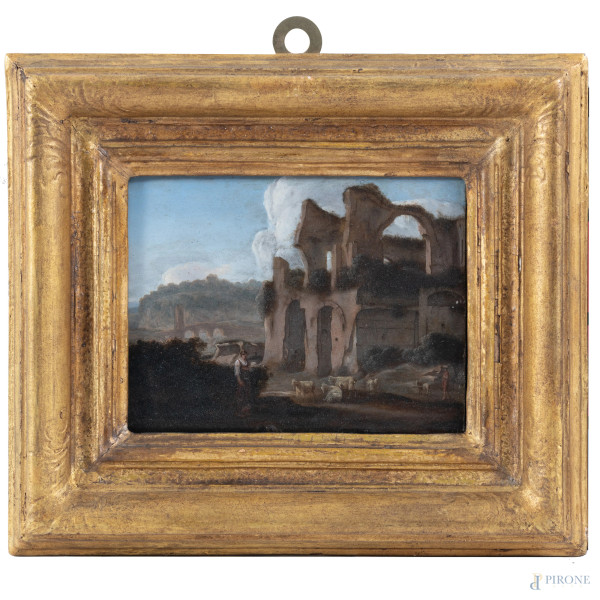 Coppia di rovine con figure, XVII secolo, olio su rame, cm 12x15,5, entro cornice