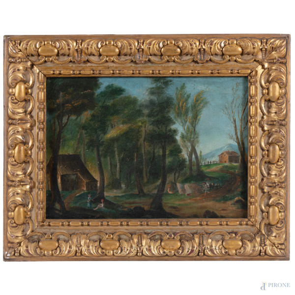 Riposo nel bosco, XIX secolo, olio su tela, cm 35x49, entro cornice, (craquelure e piccole abrasioni della superficie)