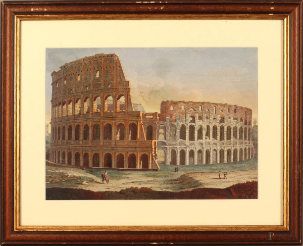 Colosseo, incisione acquarellata del XIX sec, cm. 22x30, entro cornice.