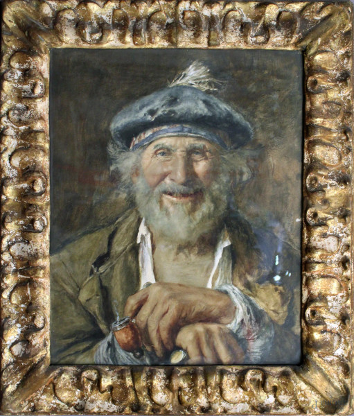 Ritratto d&#39;anziano con pipa, acquarello su carta, XIX sec., cm 55 x 44, entro cornice.