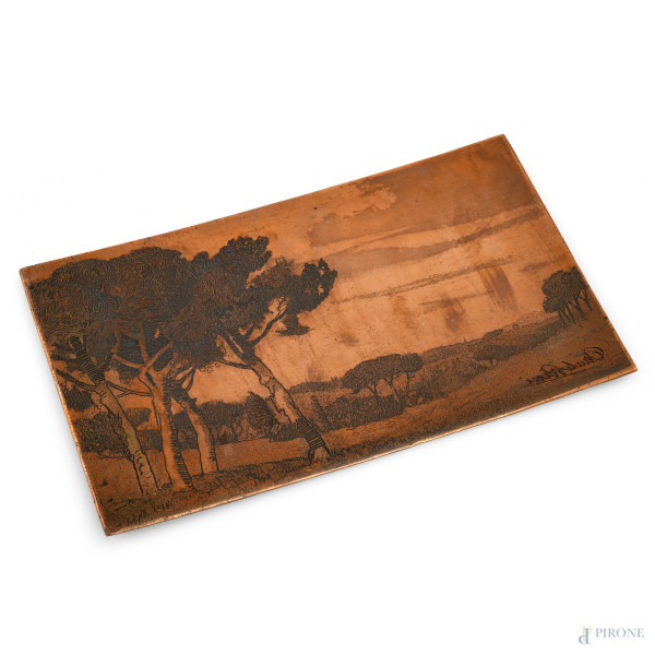 Pineta, lastra calcografica, cm 12x20, firmata in basso a destra, (segni di usura, supporto convesso).