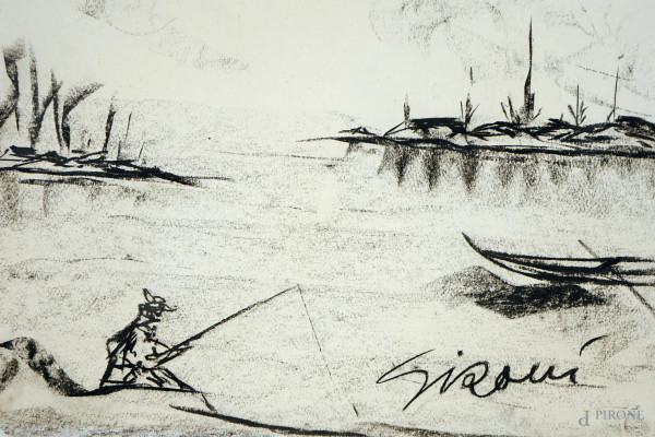 Paesaggio con pescatore, carboncino su carta, cm 37,5x50, firmato, entro cornice