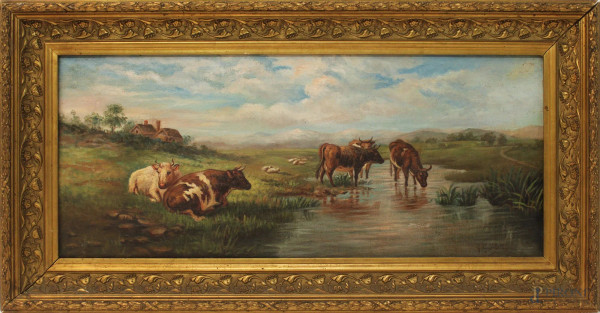 Paesaggio con armenti, olio su tela, cm 24x58, firmato, entro cornice.