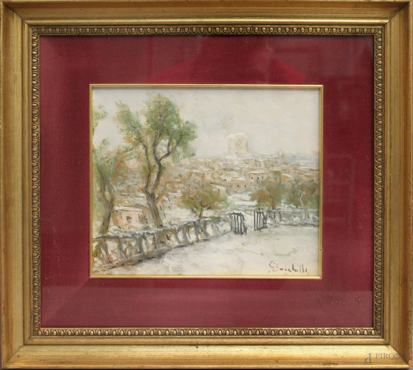 Gaetano Bocchetti - Paesaggio invernale, dipinto ad olio su tavoletta, cm 25 x 30, entro cornice.