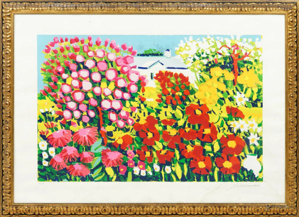 Fiori, serigrafia, esemplare numero 19/150, firmato in basso a destra A[thos] Faccincani, cm 70x100.5, entro cornice 