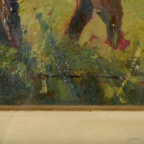 La caccia, olio su tavola, firmato in basso a sinistra, cm 28x54,8, entro cornice