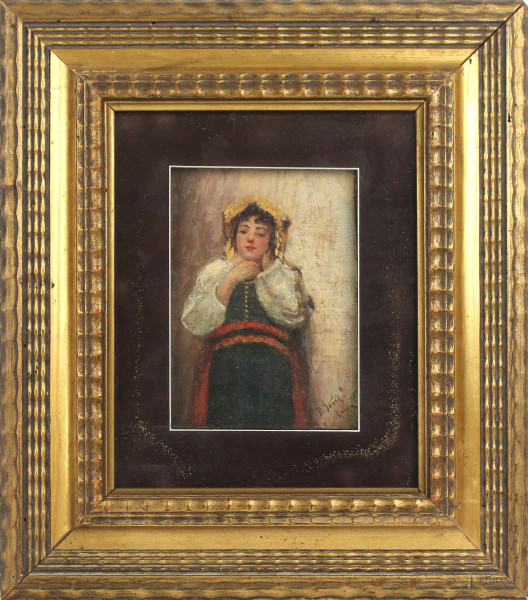 Ritratto di popolana, olio su tavola, cm 18x13, firmato, entro cornice