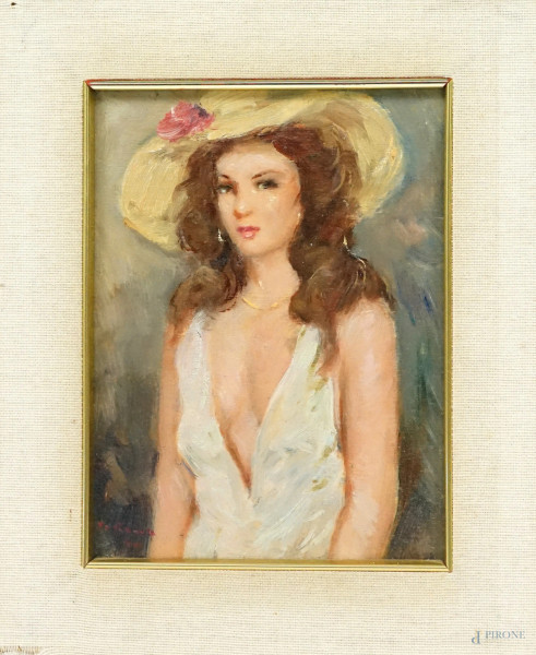Donna con cappello, olio su compensato, cm 19x15, firmato, entro cornice.