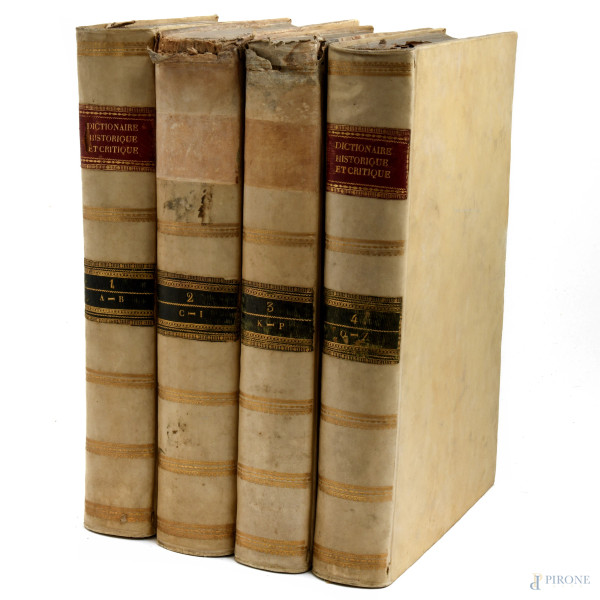 Dictionaire Historique et Critique par Mr Pierre Bayle, 1730, 4 voll (difetti, gore, umidità)