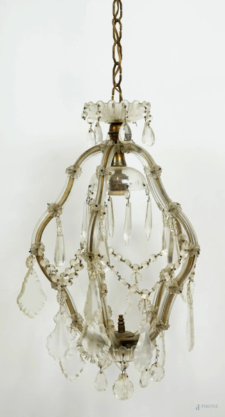 Lampadario ad una luce con pendenti in cristallo, XX secolo, cm h 60