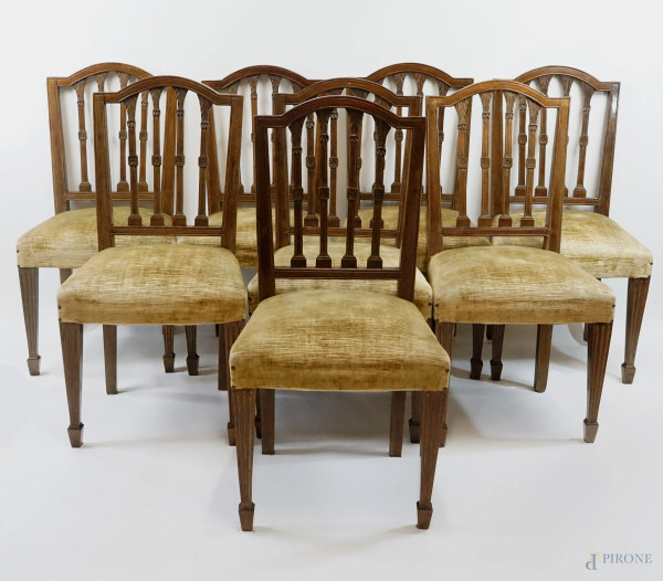 Otto sedie in noce, fine XIX secolo, schienali a giorno, sedute imbottite e rivestite in velluto, poggianti su quattro gambe troncopiramidali rastremate, cm h 97, (segni del tempo)