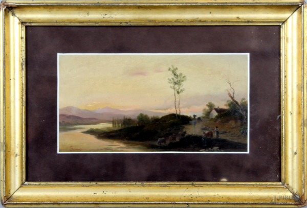 Pietro  Senno - Paesaggio fluviale con figura e armenti, olio su cartoncino, cm. 12x24, entro cornice.