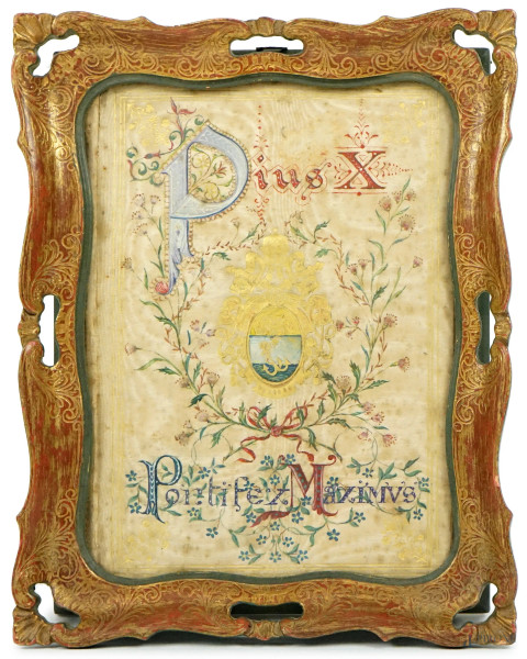 Stemma papale "Piux X Pontifex Maximus", tessuto ricamato a vari fili colorati e dorati, cm 20,5x14,5, inizi XX secolo, entro cornice, (lievi difetti).