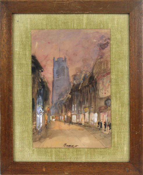 Scorcio di città francese, acquarello su carta, cm 18x15, firmato, entro cornice.