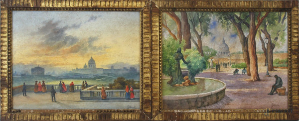 Lotto di due acquarelli raffiguranti veduta dalla terrazza del Pincio e  scorcio sulla cupola di S.Pietro, cm 32x41, firmati, entro cornici, (macchie).