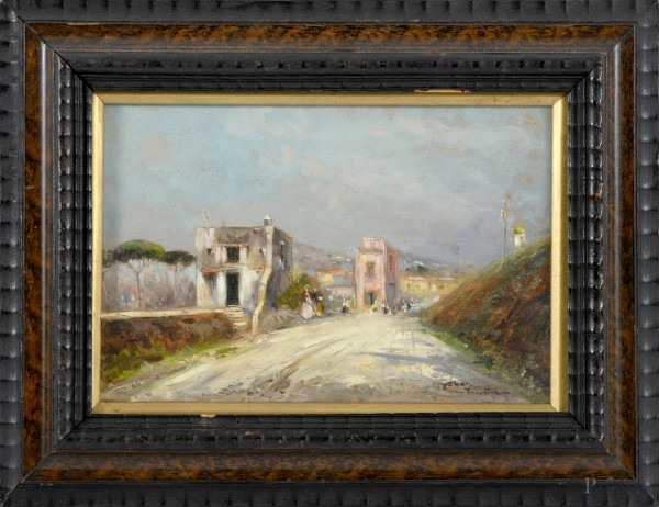 Scorcio di strada, olio su compensato, XIX-XX secolo, firmato in basso a destra, cm 21,5x31,5, entro cornice