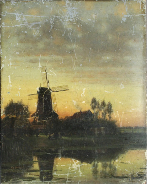 Paesaggio olandese con armenti e mulino, dipinto ad olio su tavola, XIX sec., cm 40 x 50 (difetti).