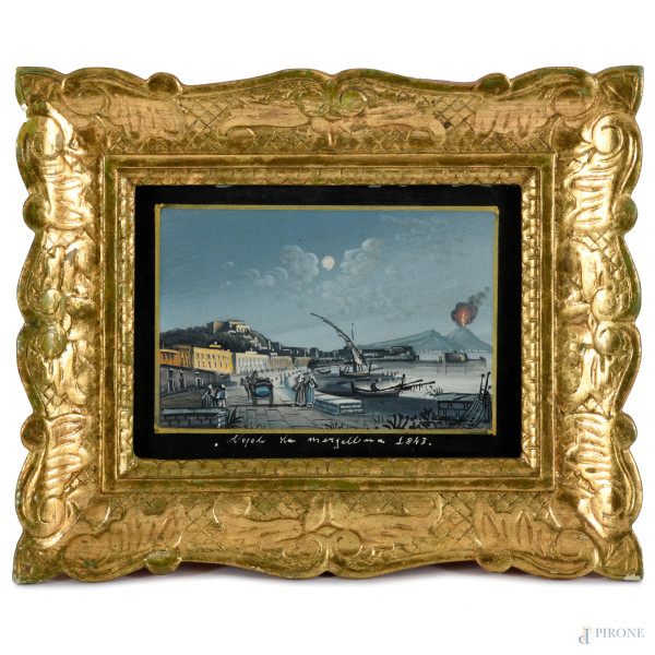 Napoli da Mergellina, XX secolo, guache su carta, cm 13,5x18, firmato in basso a destra, entro cornice