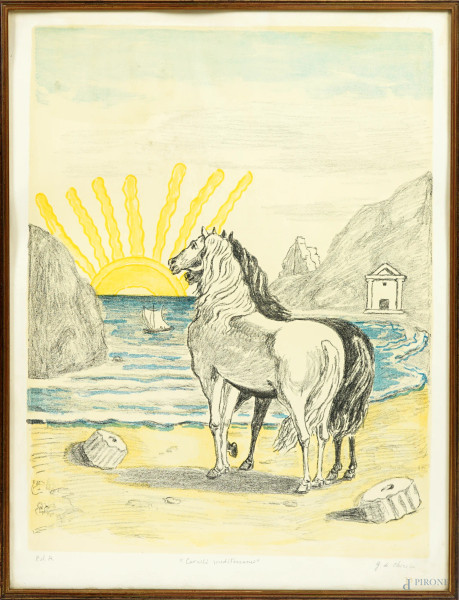 Giorgio de Chirico (Volos, 1888 – Roma, 1978), Cavalli mediterranei, litografia a colori, P. d. A. (prova d'autore), cm 70x52, entro cornice