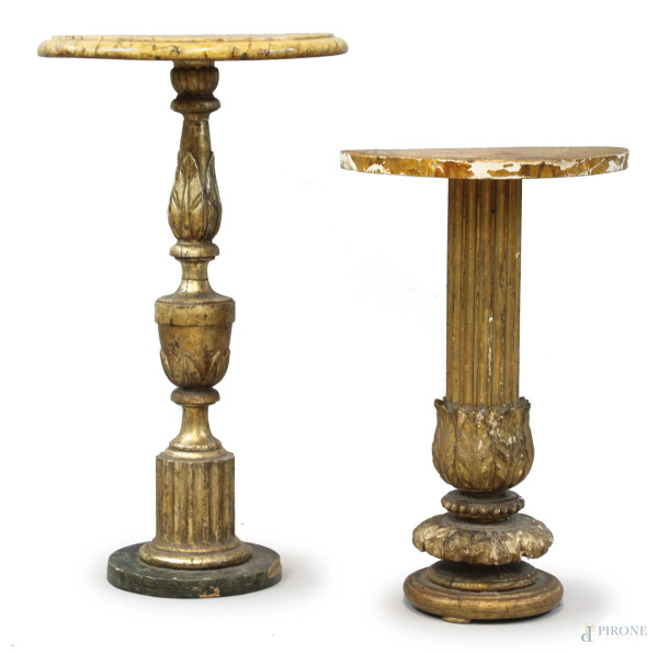 Lotto di due tavolini compositi, realizzati con elementi antichi in legno laccato e dorato, alt. max cm 76, diam. max cm 42 (difetti)