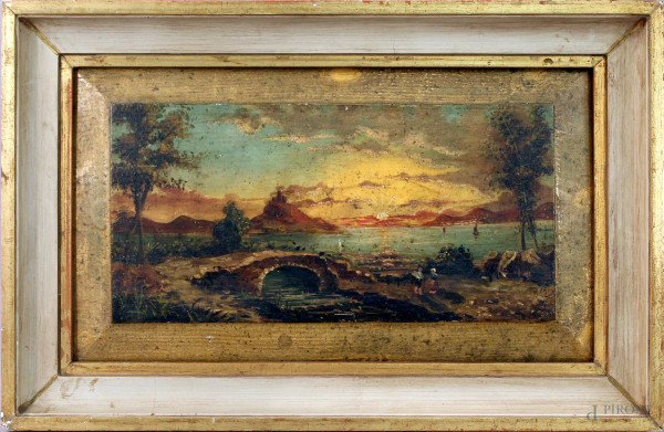 Paesaggio al tramonto, olio su tavola, cm. 16x33, entro cornice.