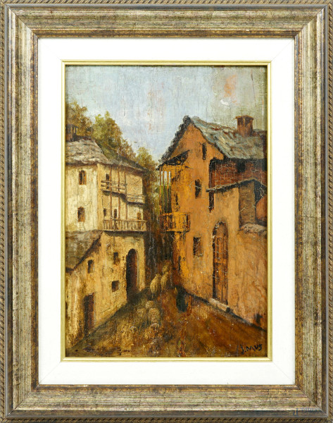 Scorcio di paese, olio su tavoletta, firmato in basso a destra, cm 33,3x23, entro cornice