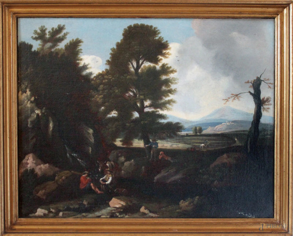Crescenzio D&#39;Onofrio ambito di,Paesaggio con figure, olio su tela, XVIII secolo., cm 59 x 73, entro cornice.