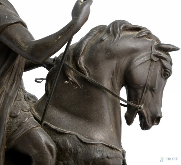 Ottaviano a cavallo, XX secolo, scultura in antimonio, cm 61x21x43, (rotture, difetti, restauri)