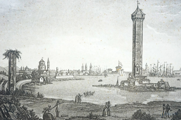 Lotto di tre stampe di epoche diverse raffiguranti vedute, misure max cm 21x29, entro cornici, (d...