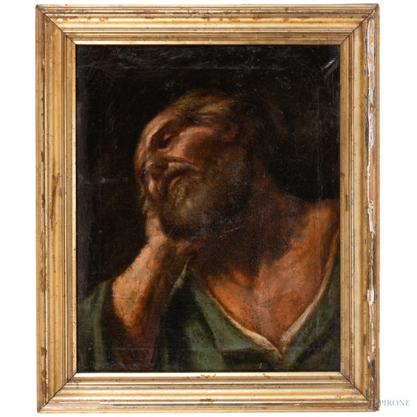 San Giuseppe, XVIII secolo, olio su tela, cm 48x39, entro cornice, (ondulazioni della tela, craquelure, sollevamenti di colore, segni di battitura del telaio)