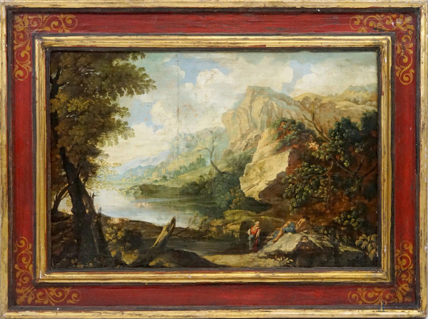 Pittore del XVIII-XIX secolo, Paesaggio con figure, olio su tela applicata su tavola, cm 48x73, entro cornice, (restauri)