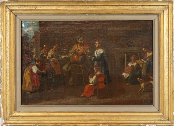 Pittore veneto del XVIII secolo, La cucitrice del tombolo, olio su tavola, cm 32x50, entro cornice.