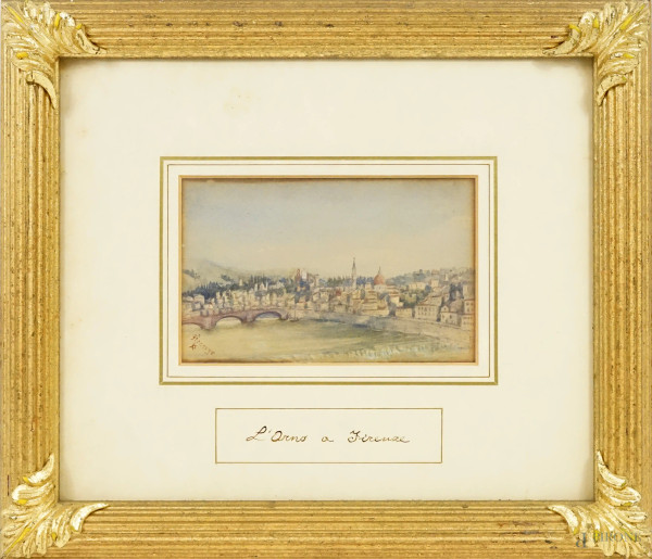L'Arno a Firenze, tecnica mista su carta, cm 25x30, XX secolo, entro cornice.
