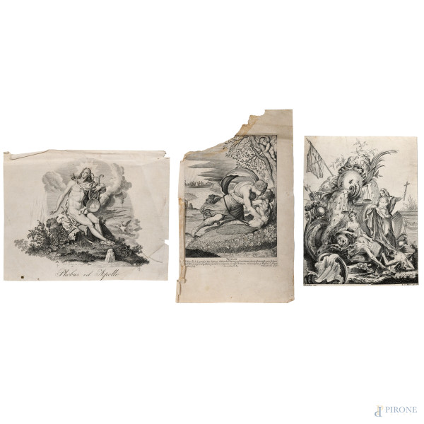 Lotto di tre incisioni raffiguranti Allegoria, Apollo e Thiton, XVIII-XIX secolo, misure massime cm 37,5x24, (segni di usura, tracce di umidità, gore, foxing, lacerazioni della carta, tracce di piegatura, mancanze)