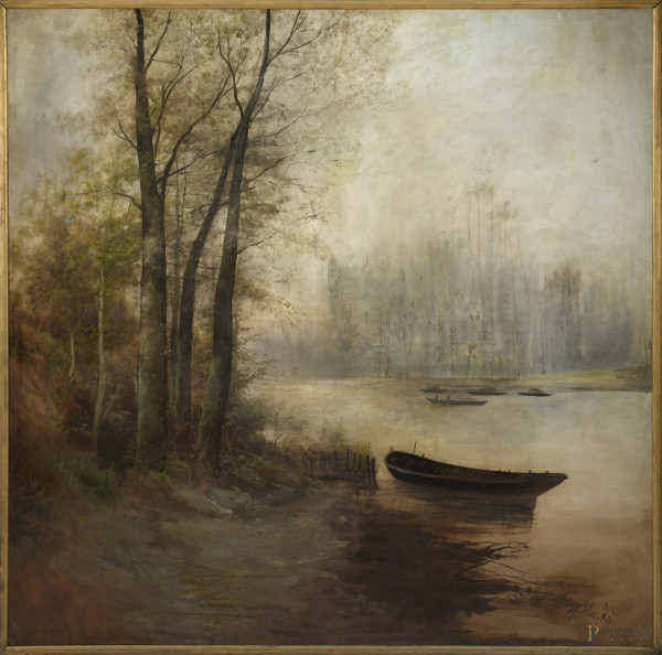 Nel bosco, olio su tela, XIX secolo, cm 182x184 entro cornice, firmato in basso (difetti)